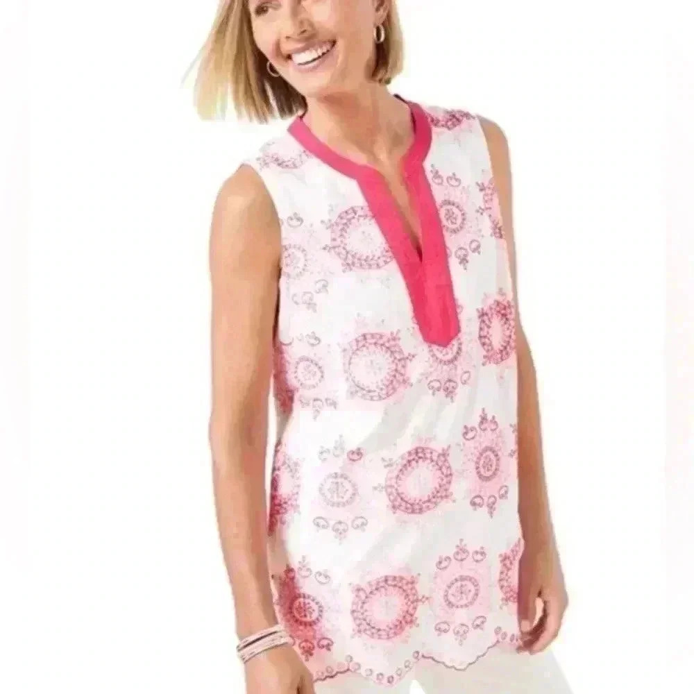 Talbots Embroidered Tunic Shell Pink and White 100% Cotton Small
